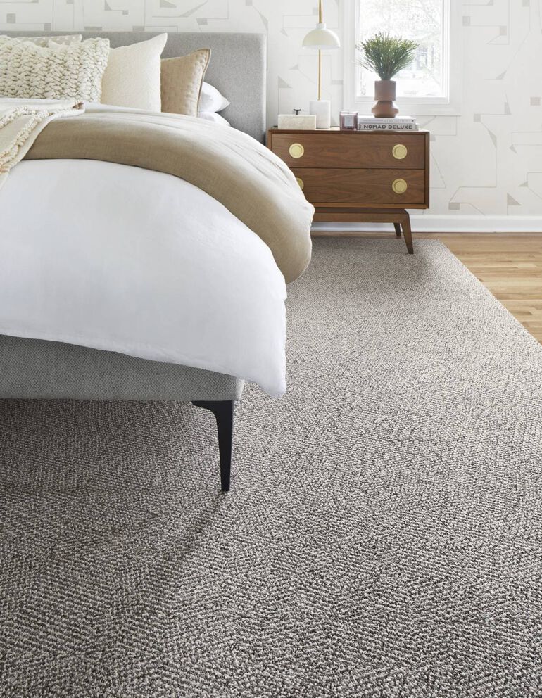 Bedroom with NEW FLOR area rug Small Talk shown in Pearl/Fieldstone